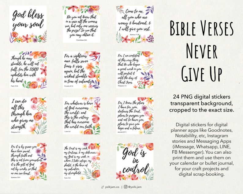 24 Beautiful Bible Verses Never Give up Digital Stickers / Bible