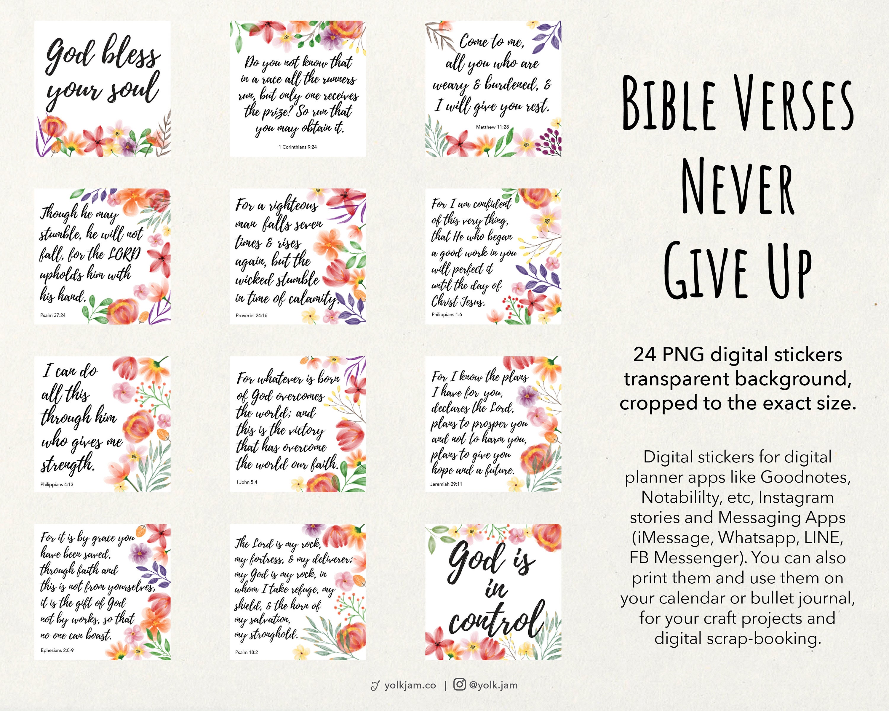 24 Beautiful Bible Verses Never Give up Digital Stickers /