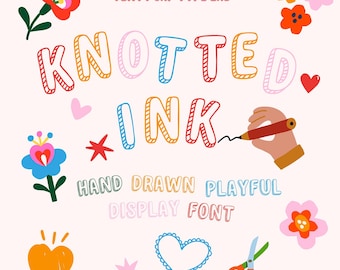 May include: A colourful display font design featuring the words "Knotted Ink" in a hand-drawn style. The image includes decorative hearts, flowers, and the text "Hand Drawn Playful Display Font".