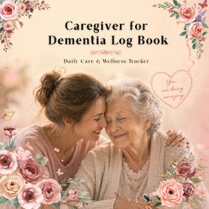 Könnte beinhalten: Ein Buchcover mit dem Titel "Caregiver for Dementia Log Book" und dem Untertitel "Daily Care & Wellness Tracker". Das Bild zeigt eine jüngere Frau, die eine ältere Frau umarmt, umgeben von floralen Dekorationen und einem herzförmigen Schriftzug "You are doing amazing."