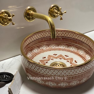 Fregadero marroquí de oro de 14K para recipiente de baño y cocina, pintado a mano de cerámica, decoración del hogar, lavado a mano
