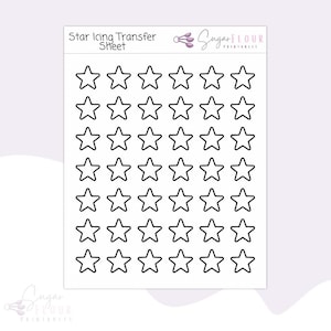 May include: A printable sheet of 49 star-shaped icing transfer designs. The sheet is white with black outlines of the stars.