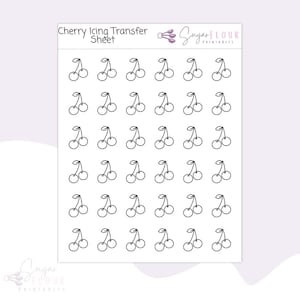 May include: A printable sheet of 36 cherry icing transfer designs. Each design features two cherries with stems and leaves.