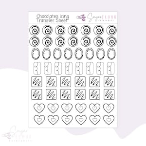 May include: Black and white printable transfer sheet with various shapes and designs for decorating cakes and cookies. The sheet includes swirls, ovals, squares, and hearts.