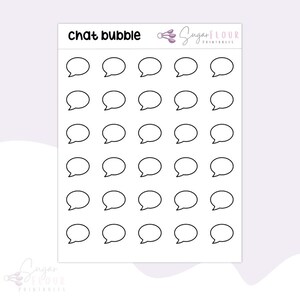 May include: A sheet of printable stickers featuring 25 blank chat bubbles. The stickers are designed for use in planners, journals, and other paper crafts.