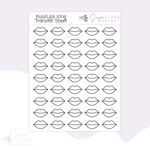May include: A printable sheet with 48 outlines of lips or kisses for use with royal icing. The sheet is titled "Kiss/Lips Icing Transfer Sheet" and has the Sugar Flour Printables logo in the top right corner.