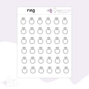 Pode incluir: Uma folha de adesivos imprimíveis com 36 ícones de anéis em preto e branco. Cada ícone representa um anel simples com um diamante.