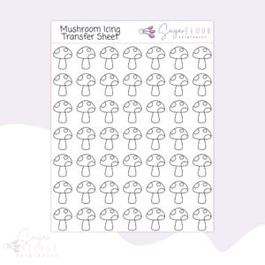 May include: A printable sheet of 49 mushroom outlines for use with edible icing. The sheet is titled "Mushroom Icing Transfer Sheet" and is from SugarFlour Printables.