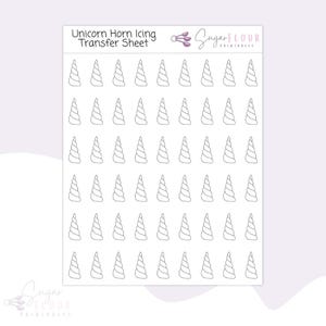 May include: A printable sheet with 6 rows of 8 unicorn horn icing transfer designs. Each design is a simple outline of a spiral horn.