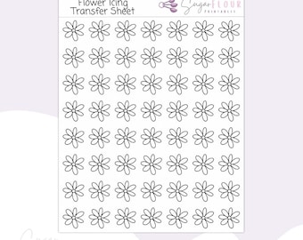 Op de afbeelding: Een printbaar vel met 64 geoutlineerde bloemvormen voor gebruik met royal icing. Het vel is getiteld "Flower Icing Transfer Sheet".