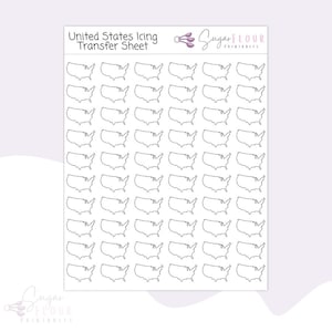 May include: A sheet of 64 white United States icing transfer stickers. The stickers are in a grid pattern and are ready to be used for decorating cakes and other baked goods.