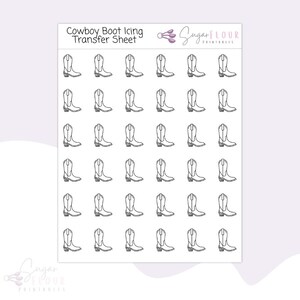 May include: A sheet of printable cowboy boot icing transfer stickers. The sheet features 36 individual boot designs in a simple, black outline style.