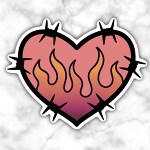 Sticker &quot;Brandend prikkeldraad hart&quot; | Brand | Y2K | Bescherm je hart | Brandend hart