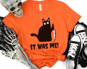 It Was Me Black Cat Crewneck Sweatshirt, Horror Movie Killer Knife Shirt, Spooky Adult Halloween Party Costume Sweater Tee Top