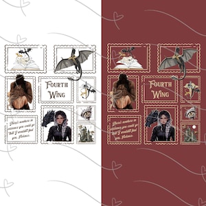 Könnte beinhalten: Zwei Tafeln mit Illustrationen zum Thema Fantasy. Jede Tafel zeigt Briefmarken-ähnliche Bilder mit Drachen, einem sich umarmenden Paar und einer Frau mit einem Drachen. Der Text "Fourth Wing" und ein Zitat sind ebenfalls enthalten.