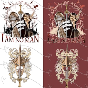 Könnte beinhalten: Illustration eines Kriegers mit Schwert, Helm und dem Text "I AM NO MAN". Das Design umfasst Drachen, Schiffe und Schrift. Das Bild ist in zwei Farbschemata erhältlich: Weiß und Burgunderrot.