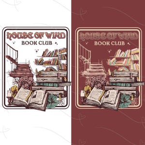 Könnte beinhalten: Illustration eines Buchclubs mit dem Text "House of Wind Book Club". Das Bild zeigt eine Treppe, Bücherregale, offene Bücher und florale Elemente im Vintage-Stil, vor weißem Hintergrund.