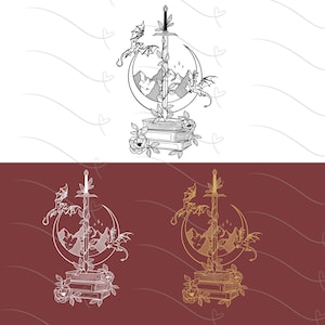 Könnte beinhalten: Schwarz-Weiß-Illustration mit einem Schwert, das einen Halbmond mit Bergen, Drachen und Büchern durchbohrt. Das Design enthält florale Elemente und ist vor einem weißen Hintergrund mit dekorativen Linien angeordnet.