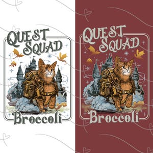 Könnte beinhalten: Eine Illustration mit einer Katze mit Rucksack vor einer Burg und Wolken. Der Text "Quest Squad" und "Broccoli" ist in einem Rahmen dargestellt, mit Drachen- und Sternmotiven. Das Design hat einen Vintage-Look.
