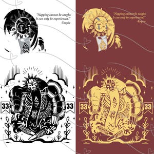 Puede incluir: Ilustración de cuatro paneles con figuras estilizadas y texto. Los dos paneles superiores muestran una figura solar con la cita "Napping cannot be taught. It can only be experienced." Los paneles inferiores muestran una figura sentada con el número "33".