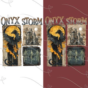 Könnte beinhalten: Kunstwerke mit einem schwarzen Drachen, gelbem Mond, Burg und Schwert mit Flügeln. Der Text "ONYX STORM" ist zu sehen. Das Kunstwerk hat ein Fantasy-Thema und eine dunkle Farbpalette.