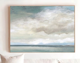Large Abstract Seascape Painting: Sky, Ocean, White Clouds, Boho Wall Art