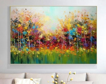 Large Abstract Forest Oil Painting: Colorful Blooming Tree Art