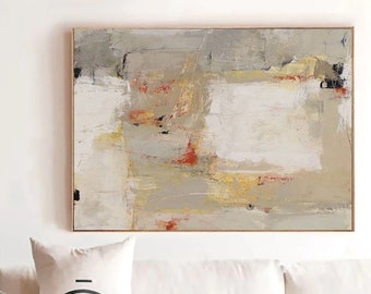 Large Beige Abstract Painting: 3D Texture, Modern Minimalist Wall Art