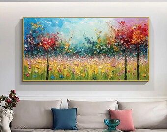 Textured Forest Oil Painting: Colorful Abstract Tree Landscape on Canvas