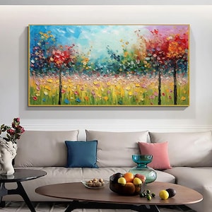 Textured Forest Oil Painting: Colorful Life Tree Landscape, Modern Home Decor