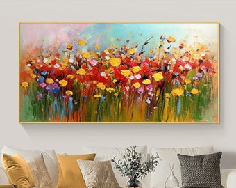 Textured Floral Oil Painting: Colorful Palette Knife Acrylic Wall Art