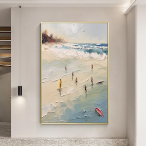Large 3D Abstract Seascape Oil Painting: Minimalist Coastal Decor Art