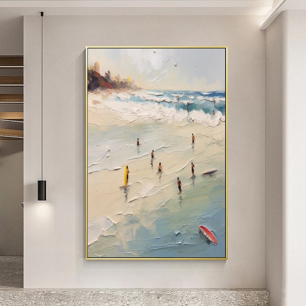Large 3D Minimalist Swimming Art Abstract Oil Painting Contemporary Art Ocean Surfing Art Coastal Decor Art Seascape Seaside Beach Painting