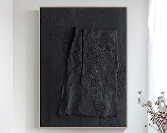 Large Black 3D Textured Abstract Painting: Minimalist Wall Art