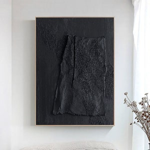 Grande peinture abstraite texturée 3D noire : oeuvre d'art murale minimaliste