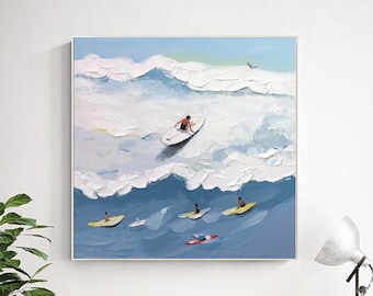 Original Surfing Painting: Large Framed Beach Art, Coastal Boho Wall Decor