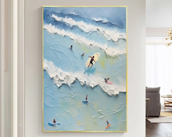 Handmade Surf Art Painting: Abstract Seascape, Beach Waves on Canvas