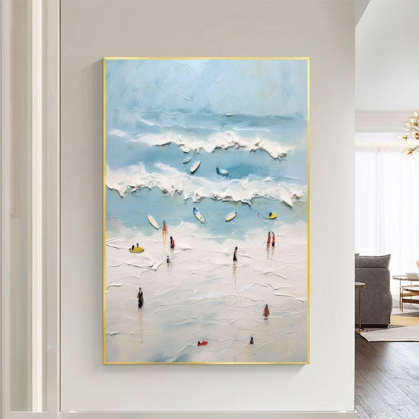 Happy Coast Painting Swimming Painting Original Abstract Seascape Seaside Oil Painting White Waves Beach Painting Texture Home Decor Art