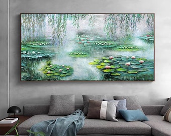 Lotus Flower Oil Painting: Water Lilies Landscape Canvas Wall Art