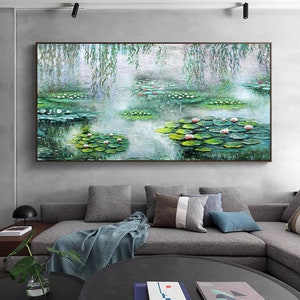 Lotus Flower Oil Painting: Water Lilies Landscape Canvas Wall Art