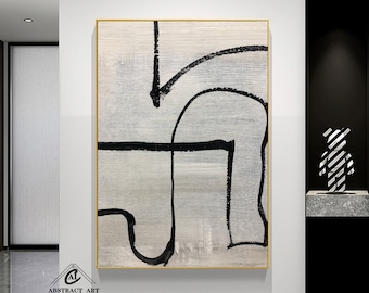 Handmade Black and White Abstract Painting: Textured Minimalist Canvas Art