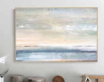 Large Blue Ocean Abstract Painting: Sky Seascape Canvas Wall Art
