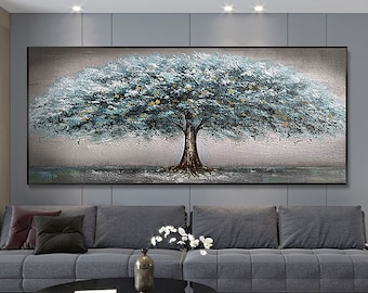 Textured Abstract Tree Painting: Blue Grey Acrylic Landscape Art