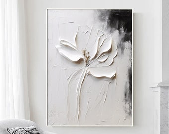 White Texture Flower Large White Flowers Abstract Wall Art White Floral Art White Plaster Painting Modern Black White Living Room Wall Decor