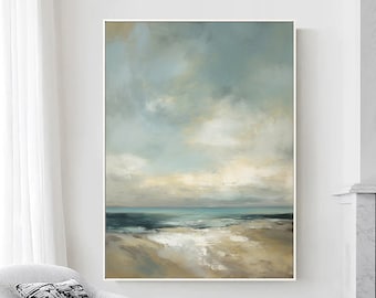 Handmade Sky and Sea Oil Painting: Minimalist Cloud Abstract Wall Art