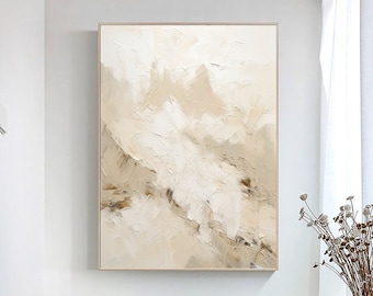 May include: Abstract painting with a beige and white color scheme. The painting features a textured, layered look with a mountain-like design.