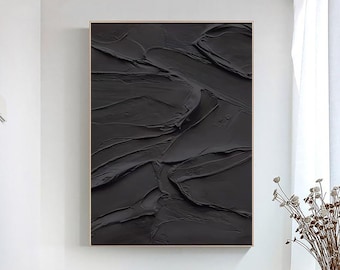 Gran pintura abstracta negra con textura 3D: arte mural minimalista moderno