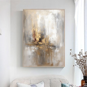 Beige and Gray Abstract Painting Original Grey Beige Gold Foil Abstract Painting Beige Minimalist Wall Art Modern Landscape Wall Painting