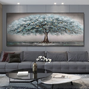 Textured Abstract Tree Painting: Blue Grey Acrylic Landscape Art