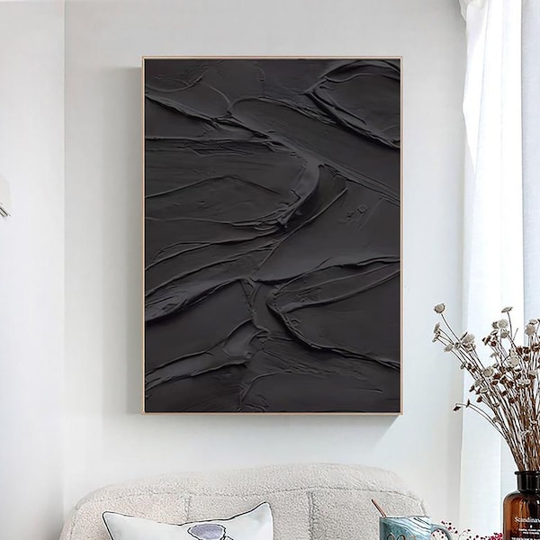 Grande nero moderno dipinto astratto nero 3D strutturato pittura nero 3D astratto parete arte nero 3D pittura minimalista nero Texture Art
